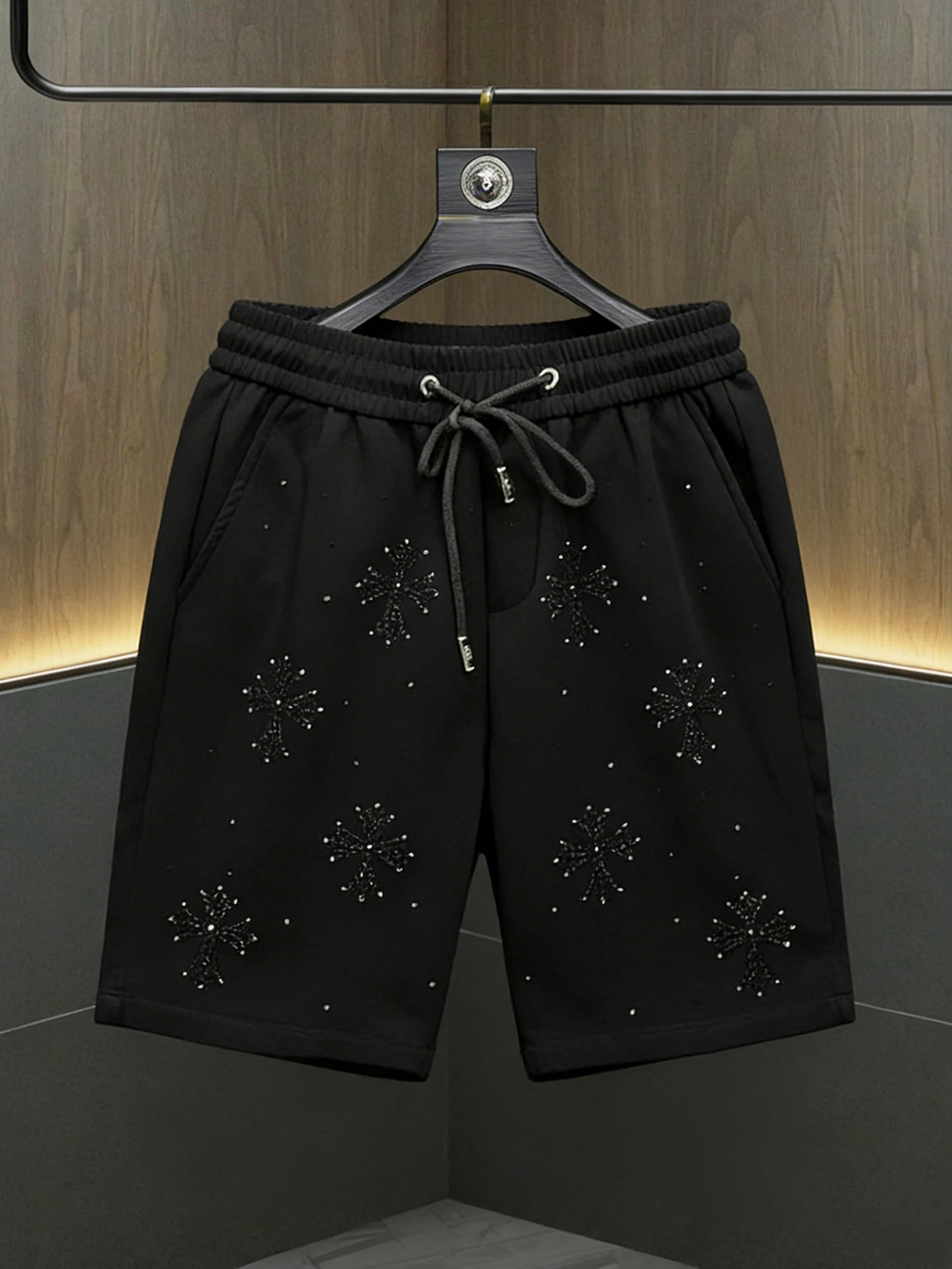 

Summer Trendy Cross Rhinestone ort Pants Men's Outdoor Wear Dstring Five-Quarter Length Beach Sports Casual Mid-Pants