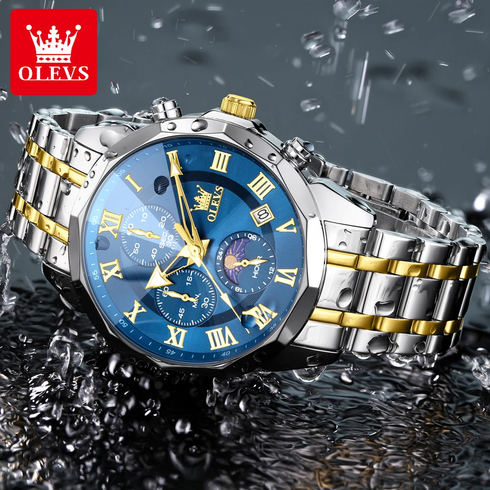 OLEVS 3675 ساعة رجالي أصلية متعددة الوظائف ساعة كوارتز بكرونوغراف كلاسيكية مرحلة القمر التقويم نافذة الساعات للرجال #6