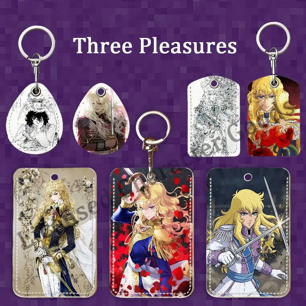 Lady O-Oscar R-Rose V-Versailles Rectangle Card Case Keychain Access Card Bag Key Tag Ring Leather Card Holder Key Ring Access