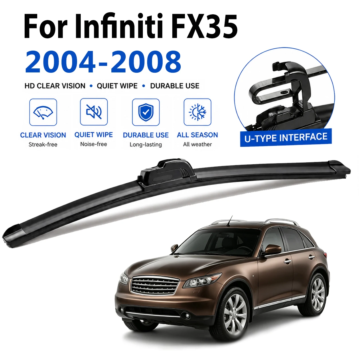 Durable Quiet Black Wiper Blades For Infiniti FX35 2004-2008 Premium-Rubber, Quick Install Scratch Proof High Quality Long Life