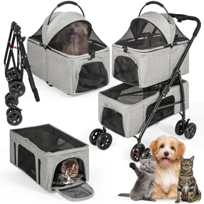 New Foldable 3-in-1 Lightweight Double Pet Stroller Portable Outdoor Pet Travel Bag Comfortable And Breathable Pet Stroller