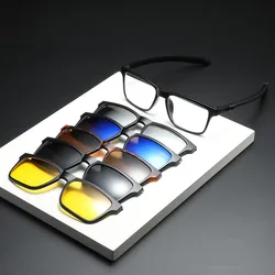 6 In 1 Spectacle Frame Men Women Optical Myopia With 5 Clip On Polarized Sunglasses Magnetic Glasses For Male Eyeglasses 2502