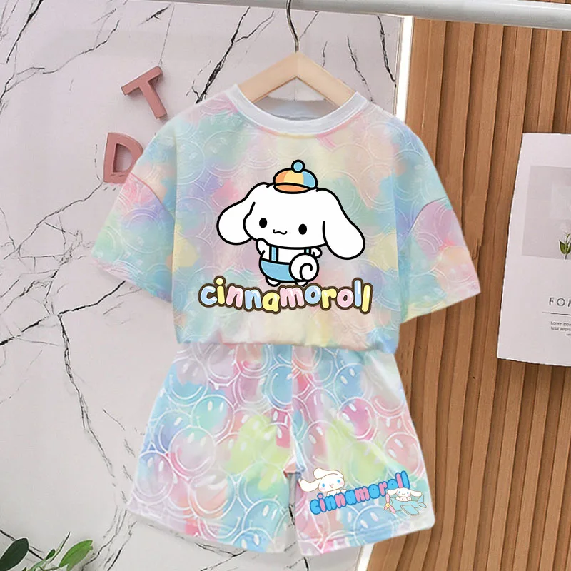 

Cinnamon T-shirt+shorts Children Clothing Cinnamoroll Cartoon Anime Figures Short Sleeve Kid Sanrio Kawaii Fashion Home Clothes