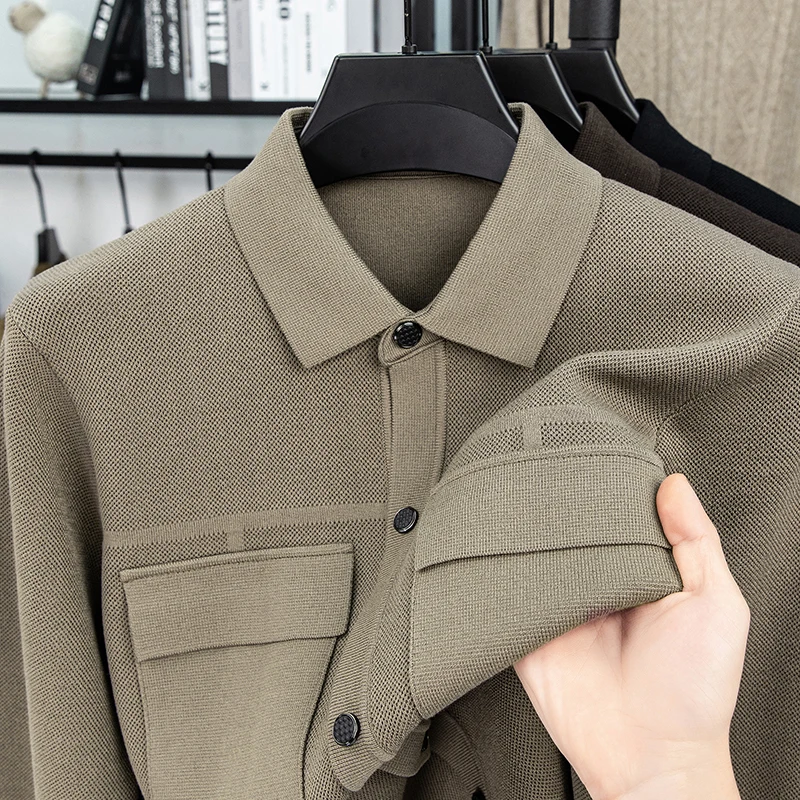 Men's Luxury Knitted Cardigan Long Sleeve Lapel Thickened Button down Double Pocket Solid Color Autumn Winter Fashion Men's Wear