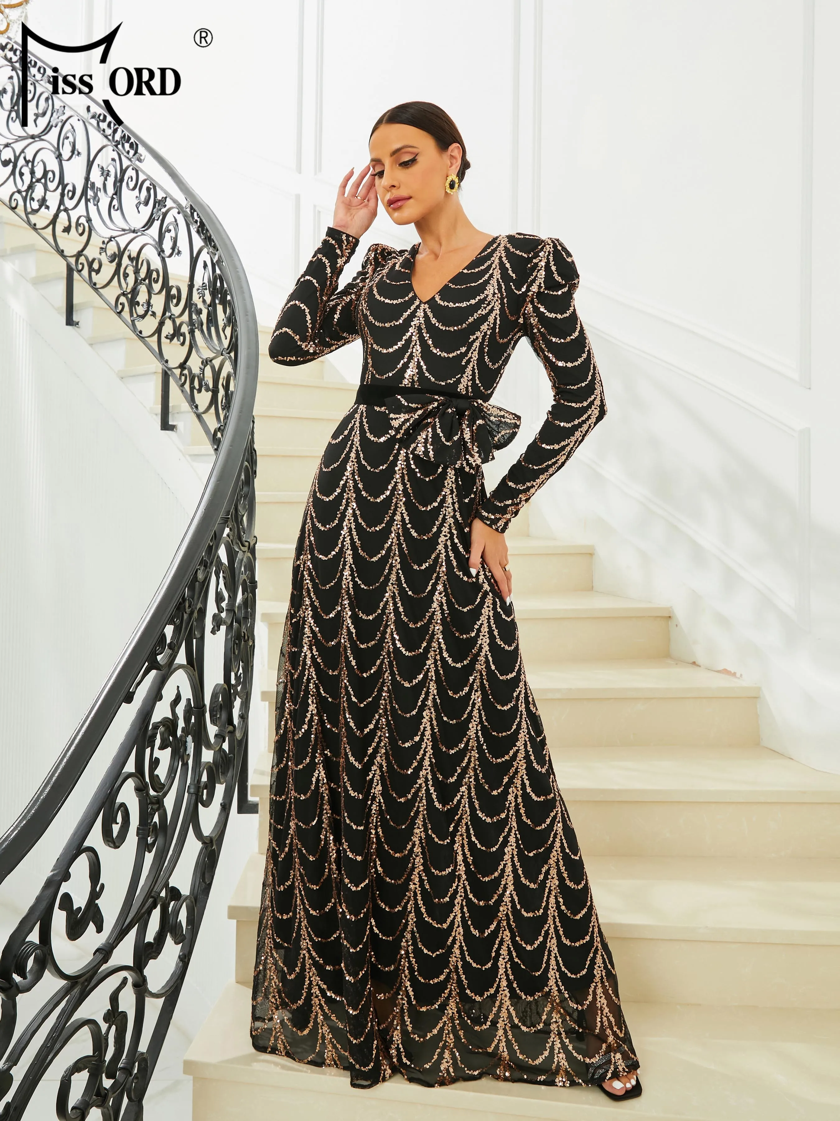 

Missord New Black Elegant Party Dresses For Women 2023 V Neck Long Sleeve Sequin A-line Prom Evening Dress