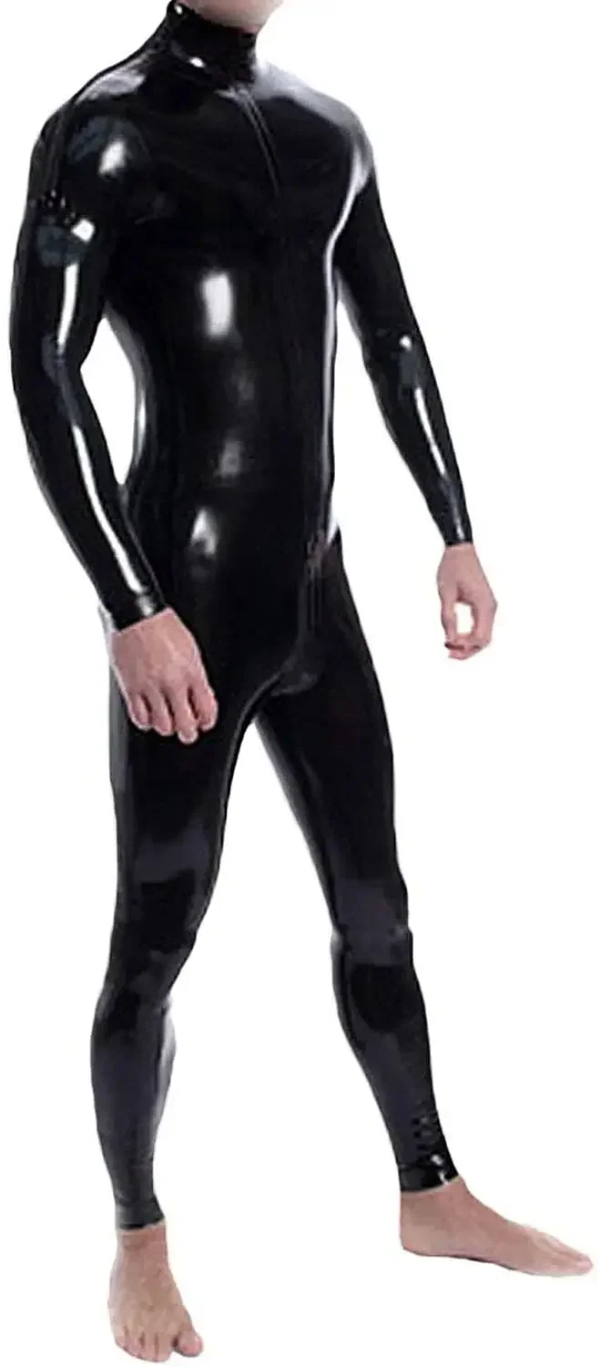 Latex Pure Rubber Gummi Fitness Catsuit Cosplay Men\'s Bodysuit Sport Suit Shoulder Zipper 0.4mm