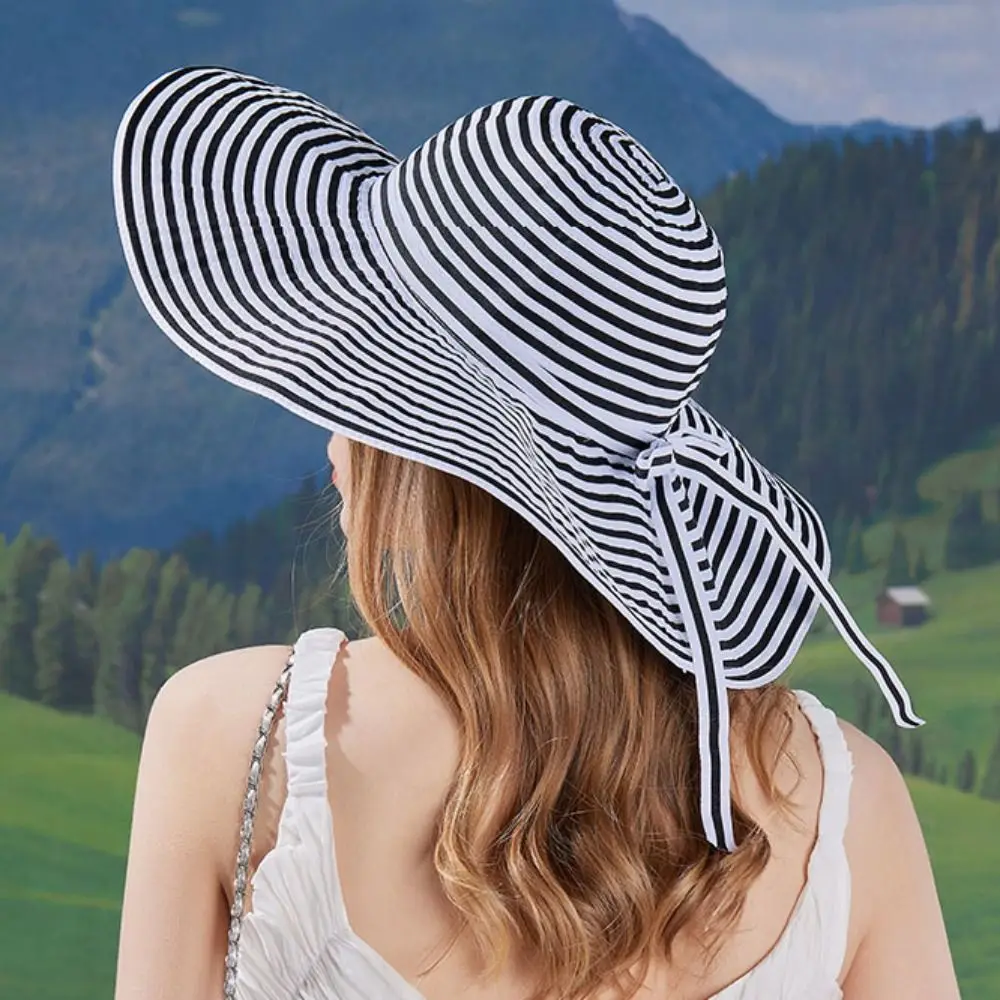 

Casual Bow Stripe Bucket Hat Foldable Visor Cap Sun Protection Cap Sunscreen Wide Brim Fisherman Hat Camping