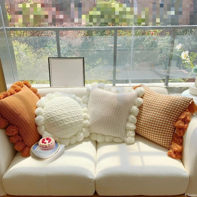Knitted Pom-pom Pillow, Floor Cushion, Knitted Back Cushion, Yarn Sofa Throw Pillow & Seat Pad