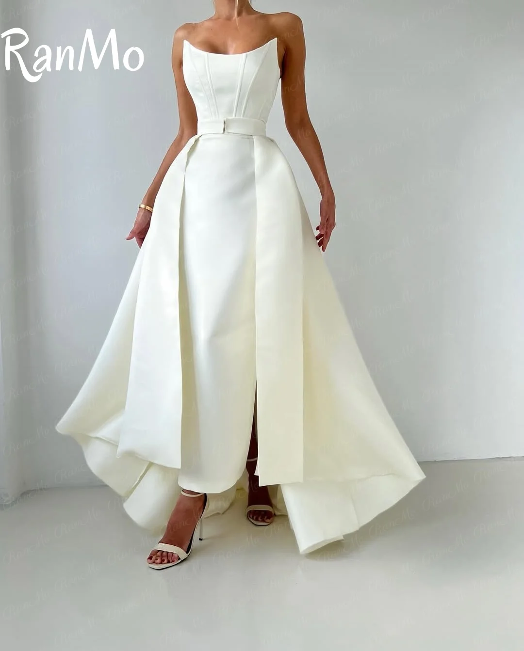 Ranmo 2025 ใหม่Elegantสีขาวคราบชุดราตรีหางที่ถอดออกได้แขนกุดคอซาอุดีอาระเบียชุดราตรีที่กําหนดเอง