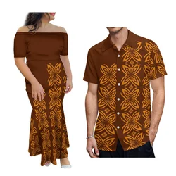 Polynesia Women Off Shoulder Dress Men Printed Shirts Polynesia Couple Matching Samoa Tribal Style Hawaii Island Style
