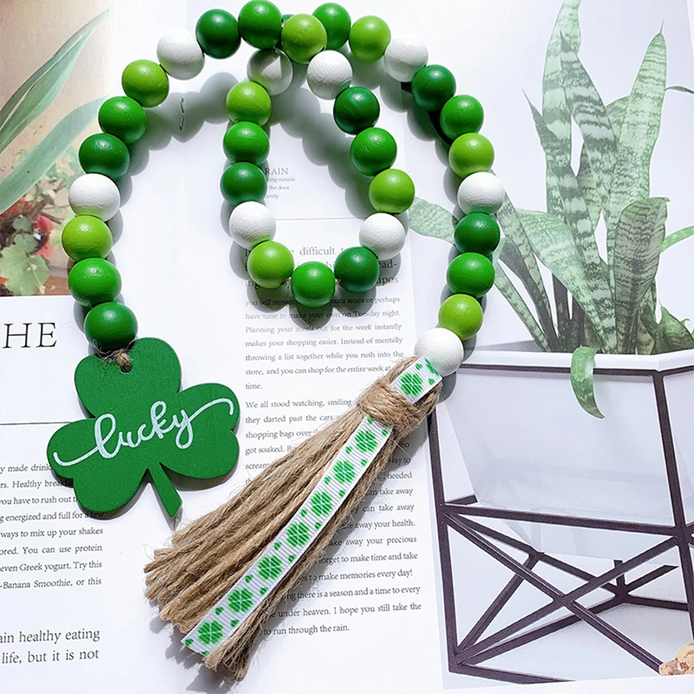 St.Patrick Day Wood Bead Garlands With Tassels Farmhouse Rustic Country Wood Bead Easter Boho Garlands For Tiered Tray Decora