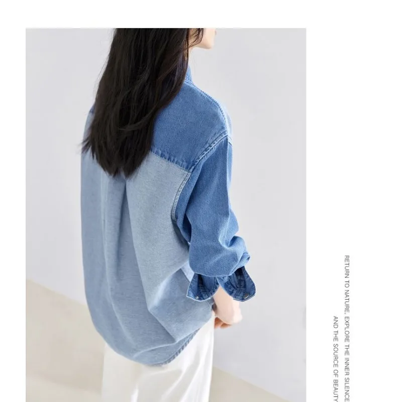 เสื้อเชิ้ตยีนส์แฟชั่นสไตล์เรโทรสำหรับผู้หญิง รุ่นใหม่ ฤดูใบไม้ร่วง ทรงหลวม สวมใส่สบาย ใช้งานได้หลากหลาย เนื้อผ้าบาง