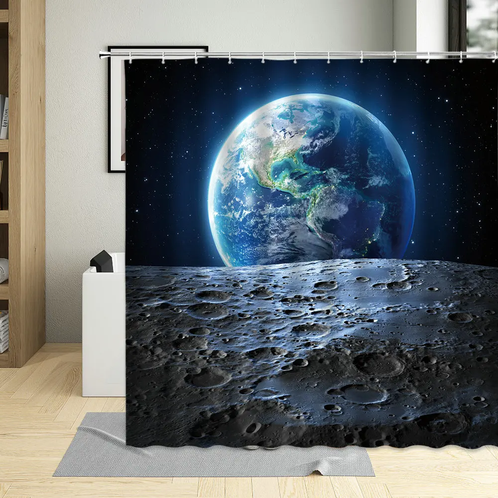 New Earth Moon Printing Shower Curtain Fabric Toilet Curtain Waterproof Polyester Shower Curtain with Hook Bathroom Curtains