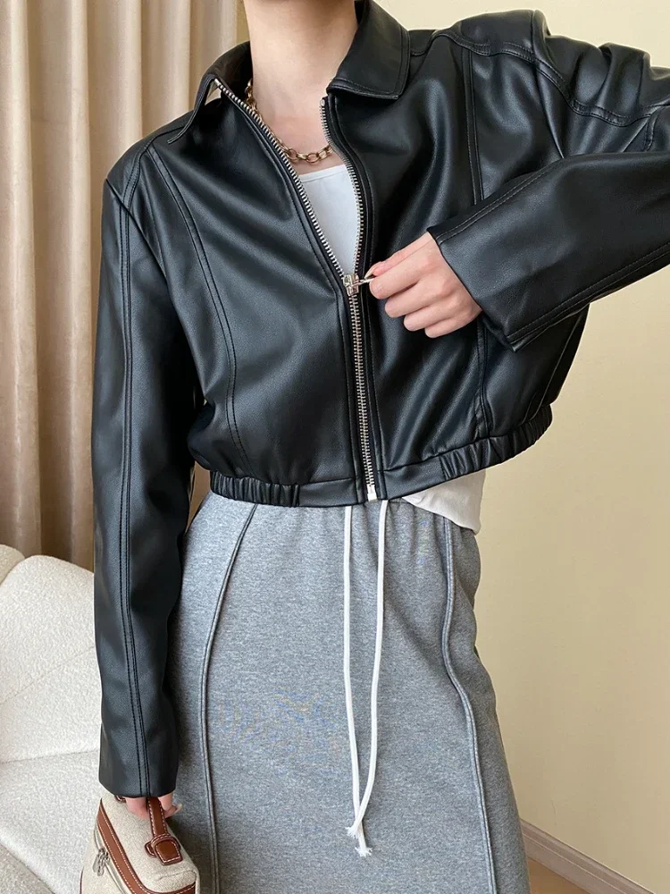 Veste en cuir PU simple pour femme, vestes de moto avec fermeture éclair, monochromatique et décontractée, tendance printemps et automne 2025