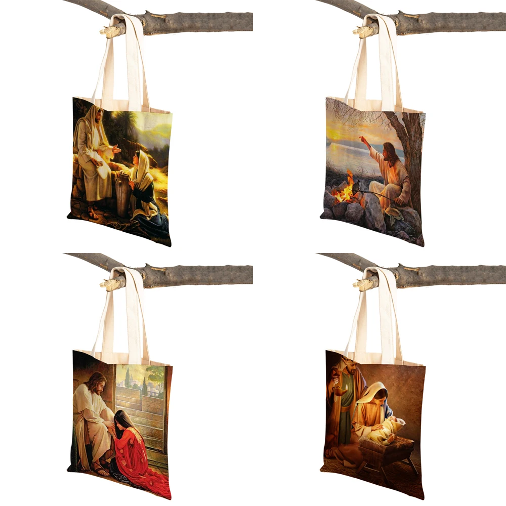 Vintage Jesus Print Lady Student Tote Handbag Cartoon Christ Savior Reusable Foldable Casual Canvas Shopping Bag