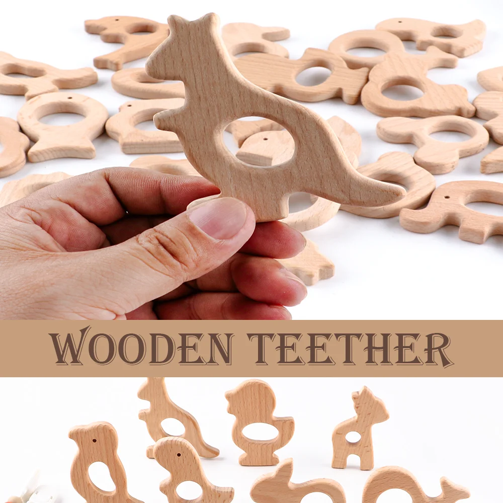 

3-9Pcs Beech Wooden Teether Natural Cartoon Shape teething toys toddler chew toys wooden rings for crafts teething rings