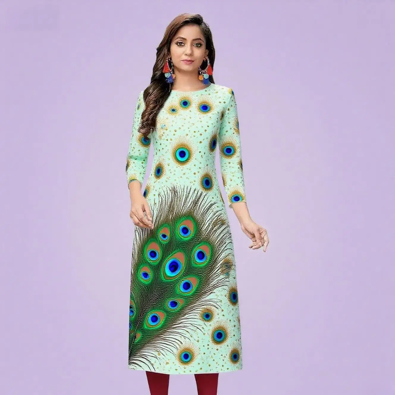 Kurt women's casual fashion dress long sleeved straight tube casual ethnic peacock round neck regular size design sense