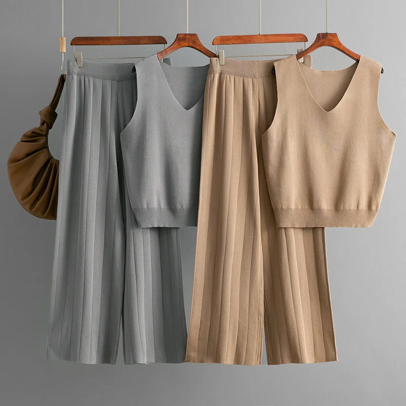 

Fashion Knitted Set V-neck Solid Tank Tops+Elastic High Waist Casual Solid Color Wide Leg 2-Piece Set Summer Women's Suit Woman