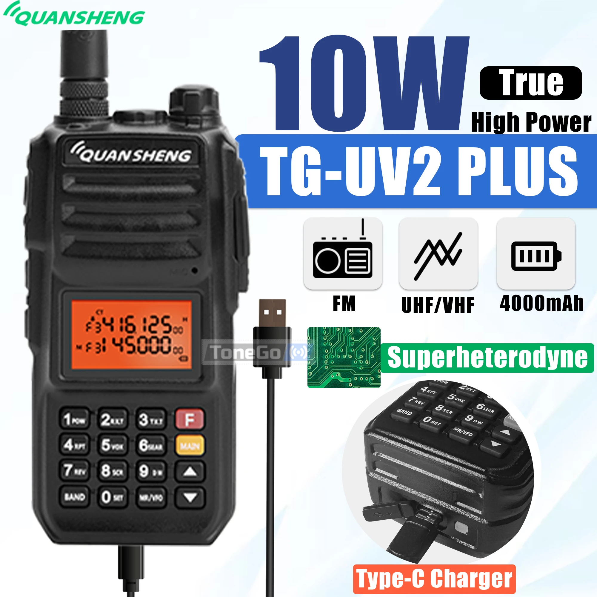 Quansheng TG-UV2 Plus 10W Walkie Talkie USB-C Pengisi Daya Superheterodyne UHF VHF Dual Band FM Jarak Jauh Portabel Ham Radio Dua Arah