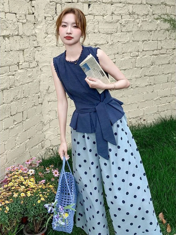 

Women Summer Outfit Set 2026 Retro Polka Dot Sleeveless Tank Top High Waist Wide Leg Pants Casual Relaxed Chic 2 Piece​