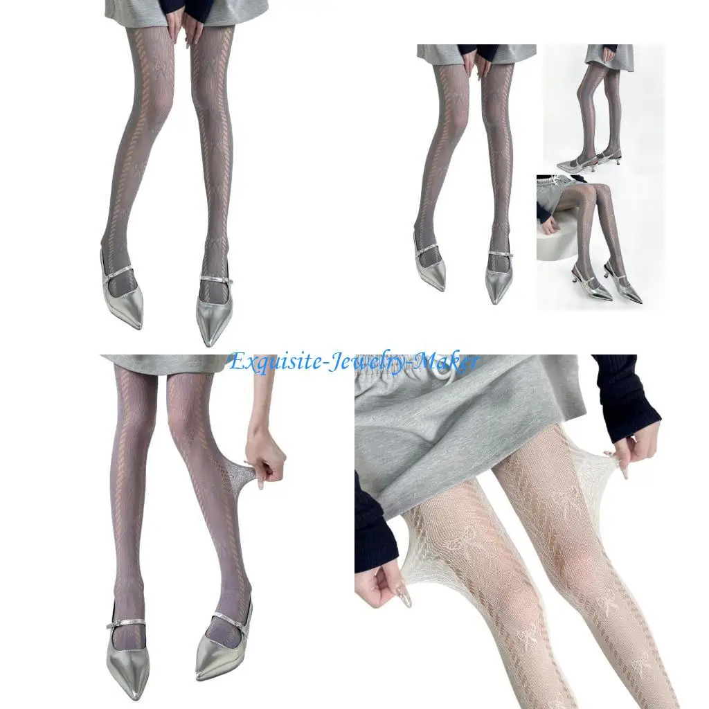 

24TF Women Sheer Fish -сетью сетчатые колготки чулки эстетические выдолбленные узорчины с узором Bowknot через кружевные трусики