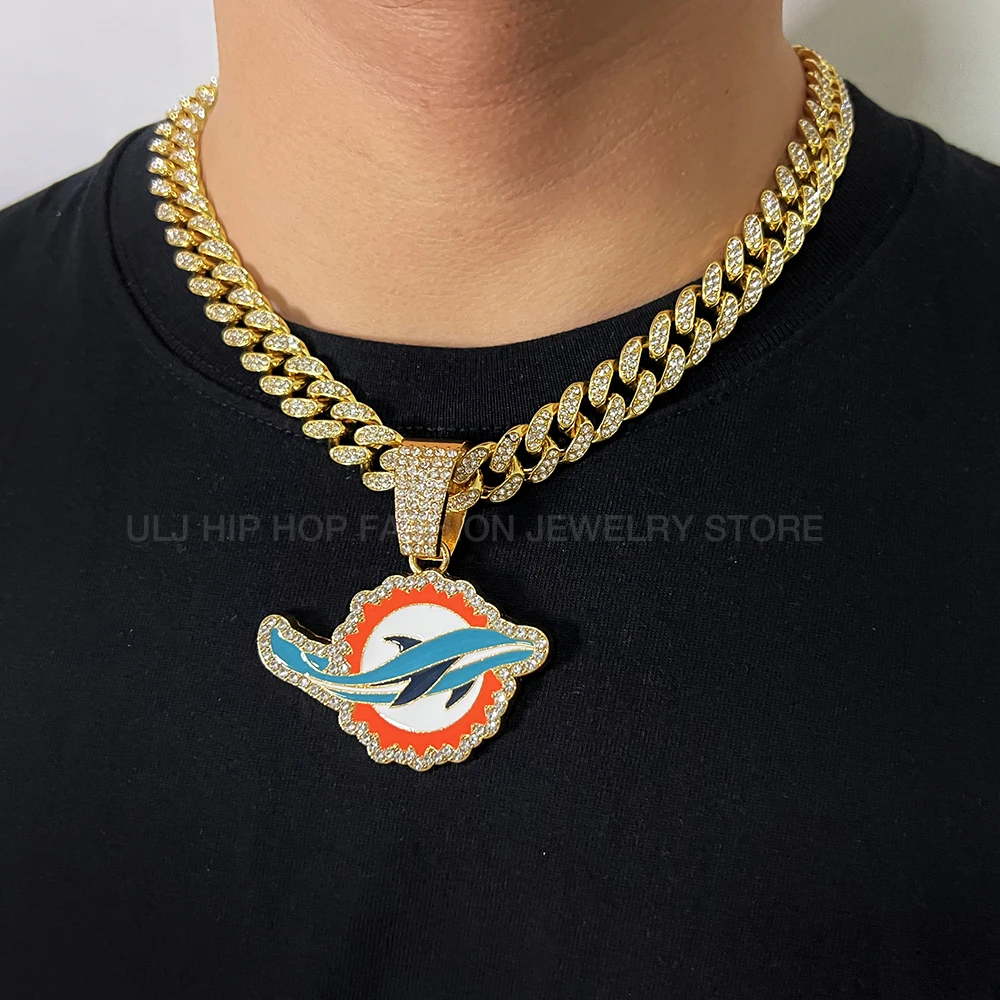 ULJ Hip Hop Dophins Pendant Chain Necklace  With Cuban Iced out Bling Cool Football  Jewelry