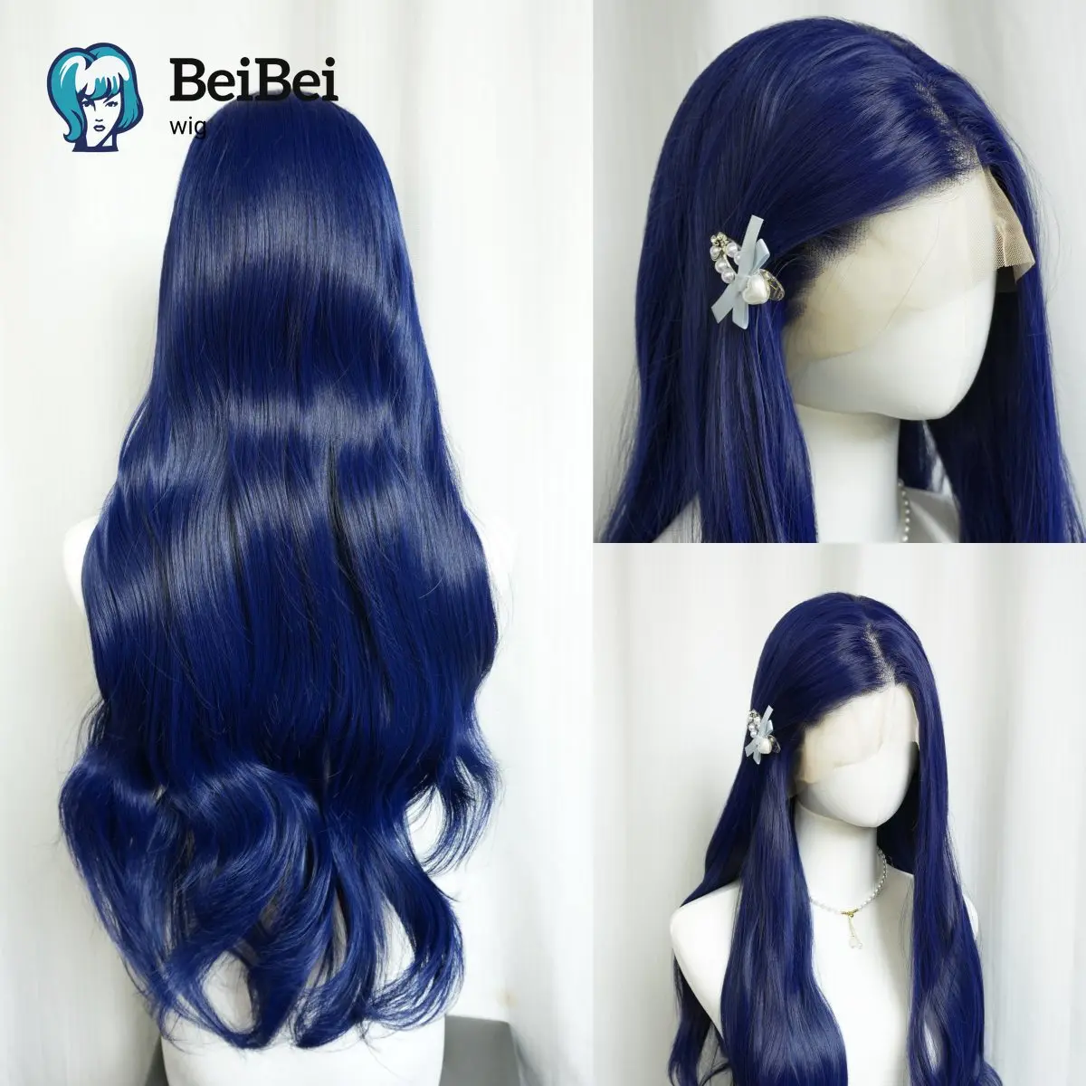13x4 Dark Blue Wig 26inch Long Body Wavy Heat Resistant Fiber Free Parting Synthetic Lace Wigs for Women Cosplay Party Lolita