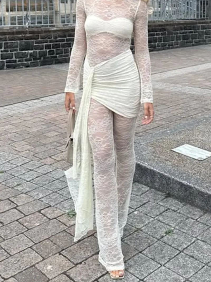 

Elegant Long Sleeve See-through Lace Jumpsuits for Women White Black Sexy Bandage Hollow Out Evening Party Outfit Club Overalls