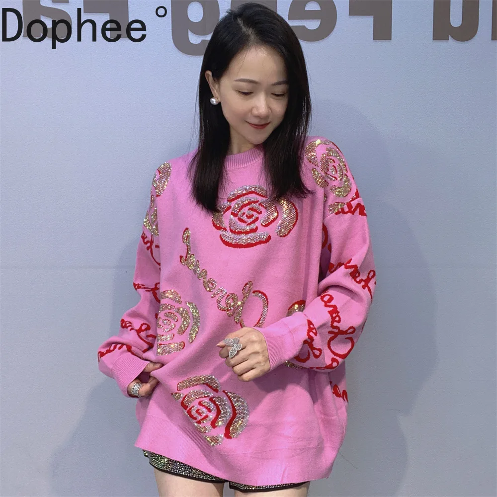 Rosa flores diamantes pulôver feminino suéteres 2025 novo outono inverno all-match em torno do pescoço solto manga longa malha jumpers topo