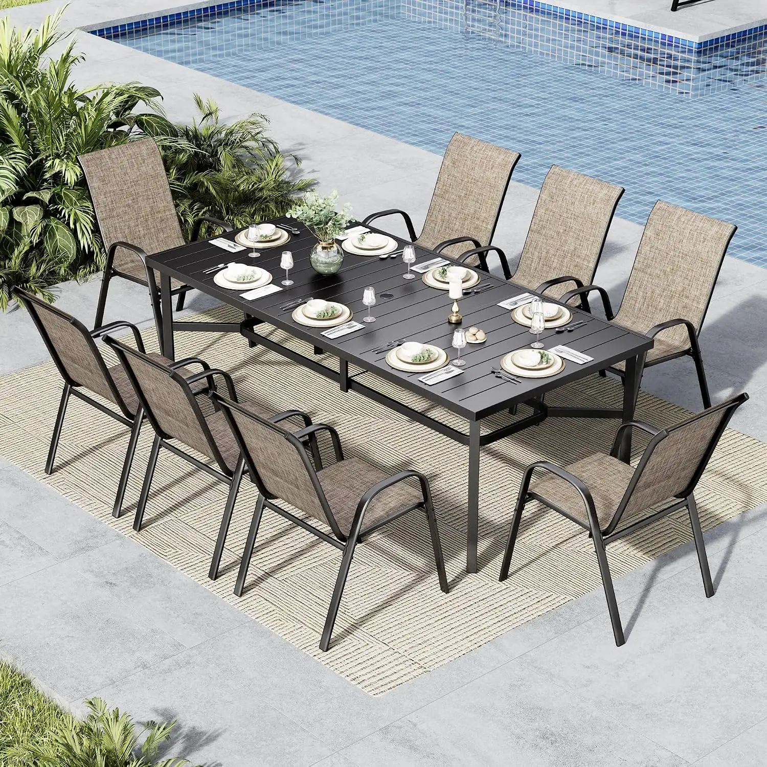 9 Pcs Stackable Outdoor Dining Set For 8, Mesh Chairs, Customized