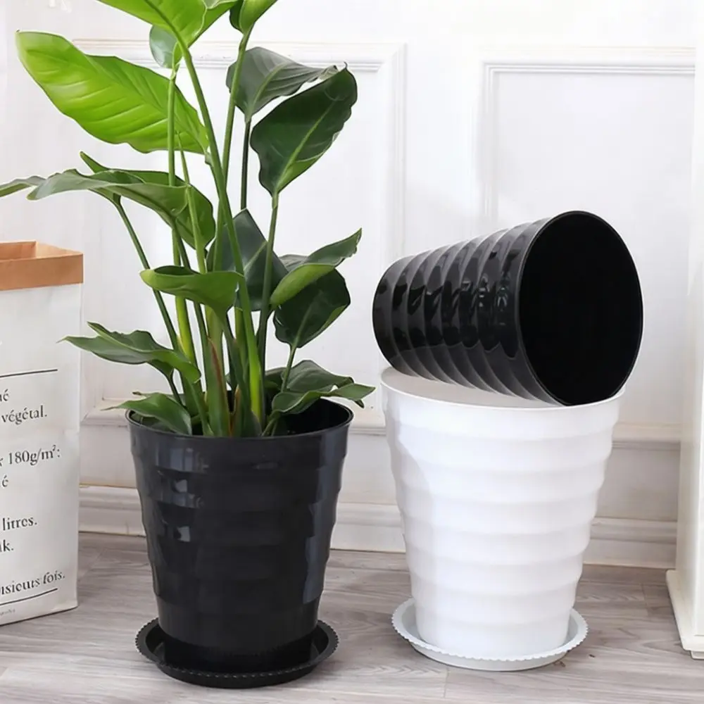 Durable Large Resin Flower Pot Threaded Design Planter With Saucer Thickened Garden Plant Container For Home Decor