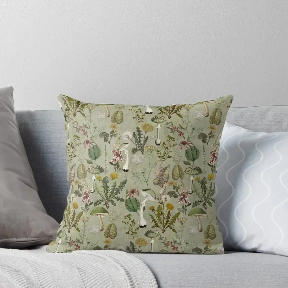 Vintage toxic mushrooms and wildflowers forest Botanical Garden pattern on sage Throw Pillow Luxury Sofa Cushions pillow