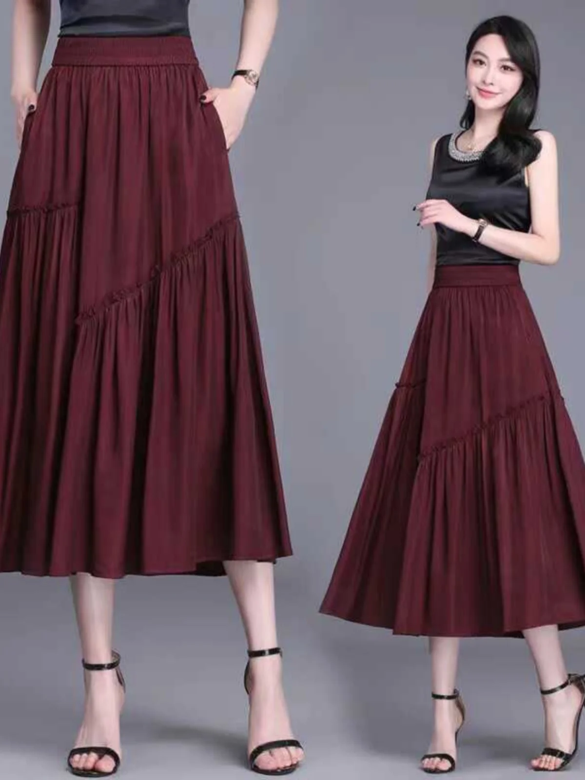 

Ladies plus Size A-Line Skirt Maxi Umbrella Skirt mid Age And Elderly Hip Concealing Tagless Tailored Summer Casual High Waist