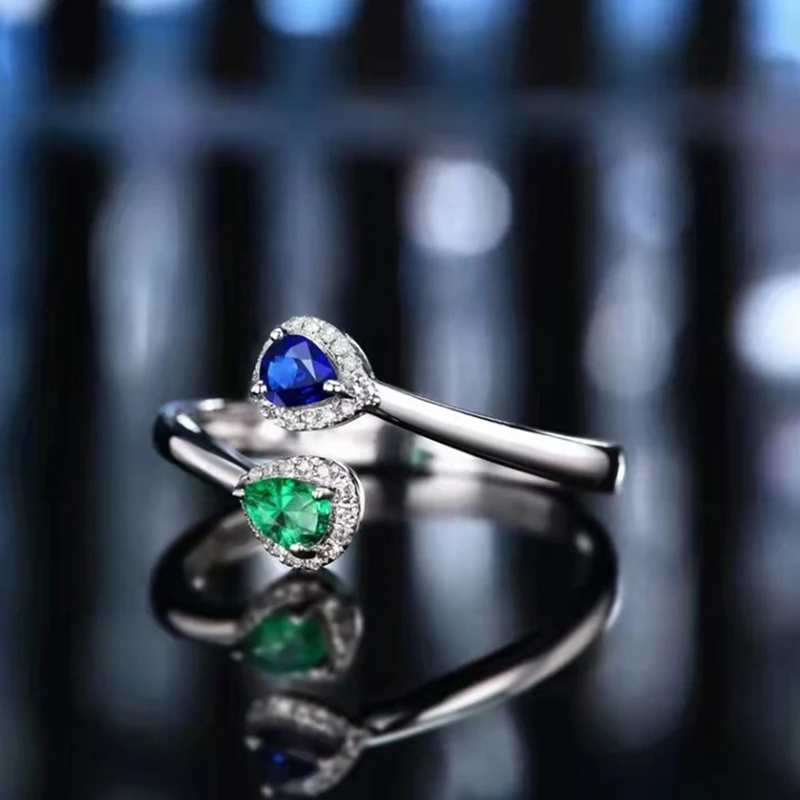 Two-color stitching emerald sapphire rings for women drop ring luxury noble S925 sterling silver opening adjustable