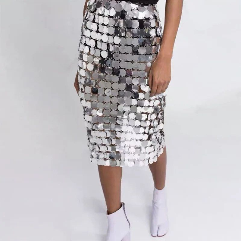 YOUR BUMP CURVE Hand Sewn Silver Reflective Sequin Cutout Sexy Ladies Christmas Ball Sequin Skirt