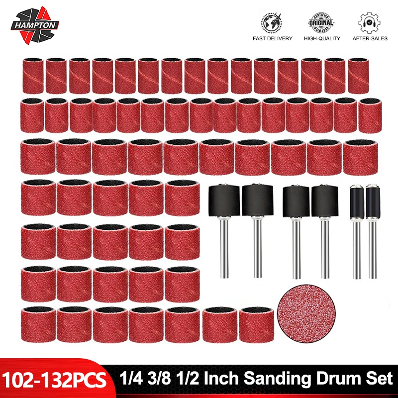 

HAMPTON 102-132pcs Sanding Drum Set 1/4 3/8 1/2 Inch Sanding Band 1/8" Shank Mandrel For Dremel Rotary Tools Abrasive Tools