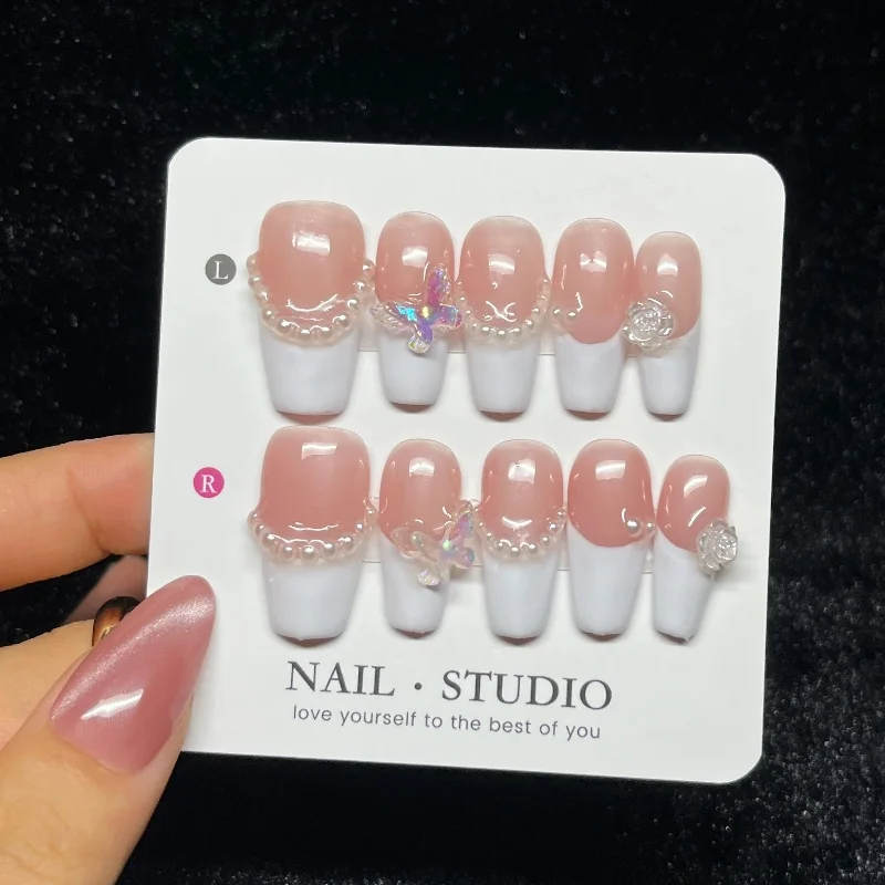 

10PCS Simple White French Press on Nails Handmade 3D Roses Butterfly Medium Coffin Fake Nails Women Sweet Pink Pearl False Nails
