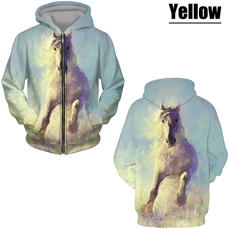 At 3D baskı fermuar Hoodies Unisex rahat hayvan Zip Hoodie Streetwear desen kapüşonlu ceket ilkbahar ve sonbahar erkek kazak