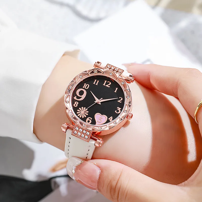 2/1 Uds. Relojes de mujer con esfera de corazón a la moda, reloj de cuarzo con banda de cuero de lujo, conjunto de pulsera con diamantes de imitación, reloj femenino