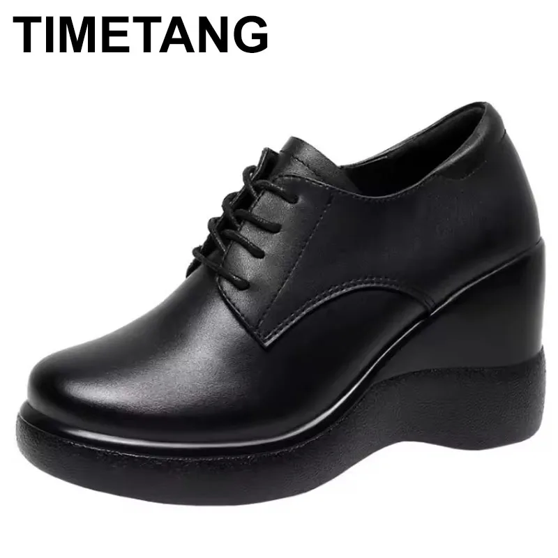 

New Autumn Winter Genuine Leather Shoes Black Platform Wedges High Heels Light Comfort Lace Deep Mouth Leisure Shoes Size 32-43