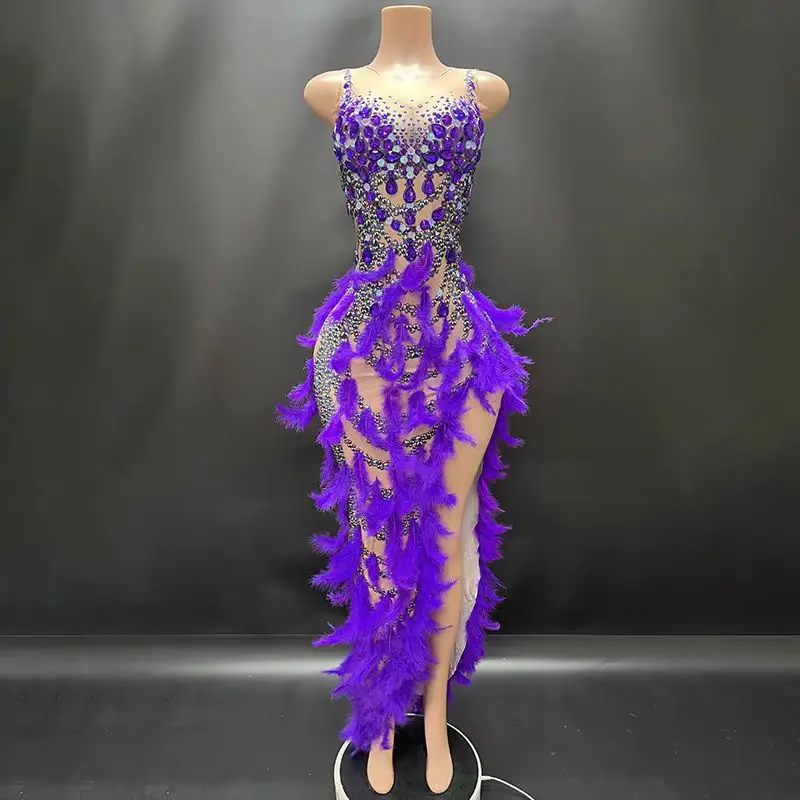 

New product singer host model color feather rhinestone stretch hip long dress evening dress stage adult performance dress