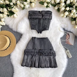 Women Denim Clothing Suits Chic Zipper Sashes Irregular Tops + Belt Pleated Jeans Mini Skirt 2-piece Sets