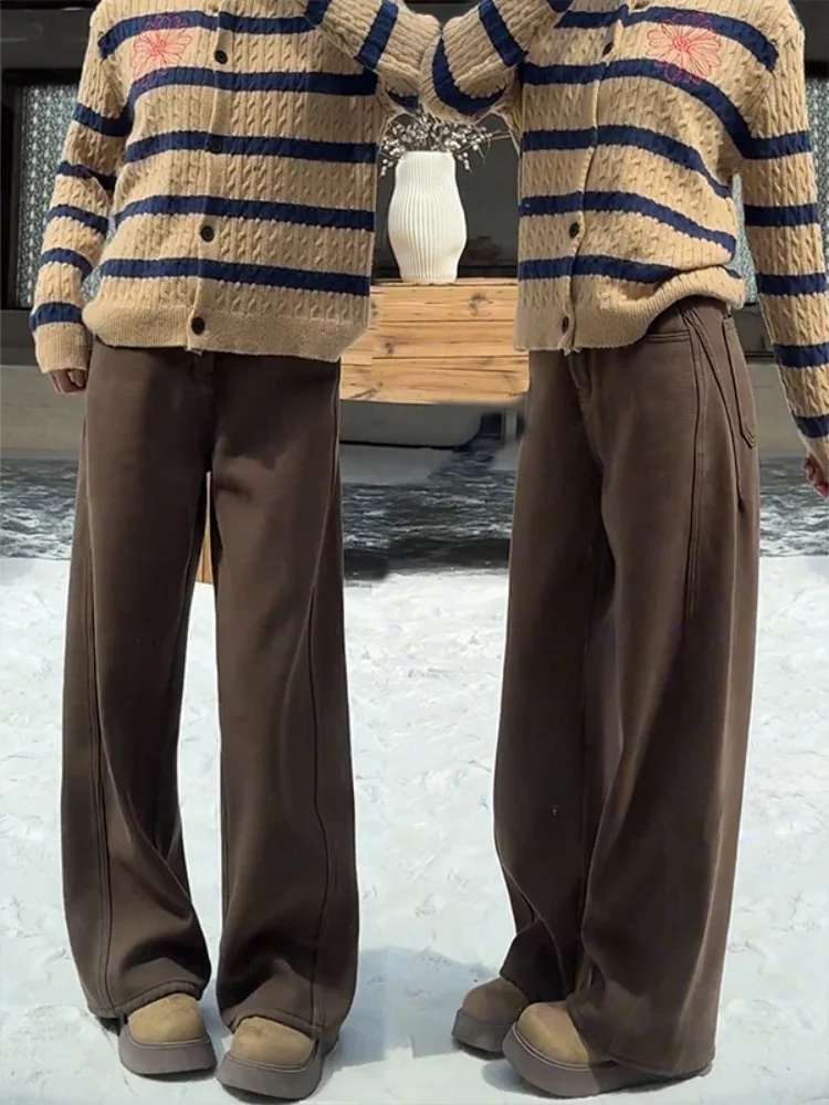 

Женские джинсы больших размеров с широкими штанинами на подкладке, повседневные джинсовые брюки с высокой талией, осень-зима, прямой крой, свободные утягивающие брюки