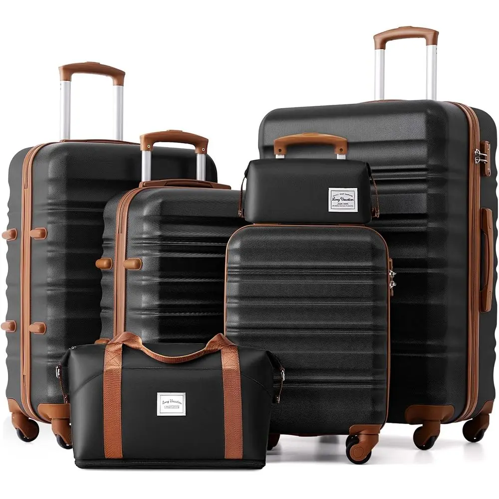 

6-Piece Large Luggage Set with ABS+PC Hardshell, Spinner Wheels & TSA Lock (Black-Brown)