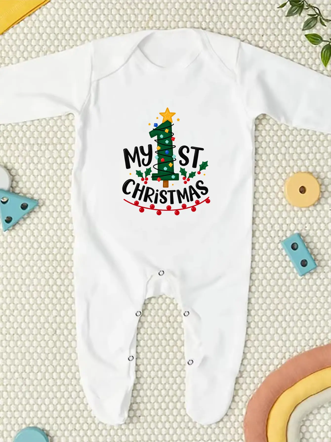My First Christmas Baby Footed Romper Christmas Tree Print Long Sleeve Newborn Jumpsuit Infant Christmas Outfit Gift