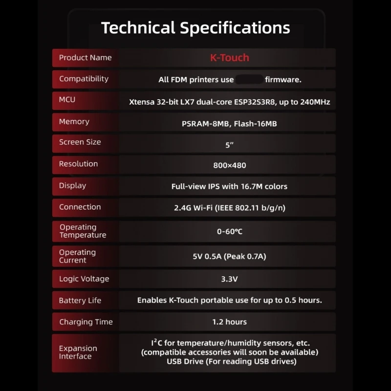 K-TOUCH 5inch Touch Screen Portable LCD Computer Display Flexible Firmware Switching Wireless Klipper Screen