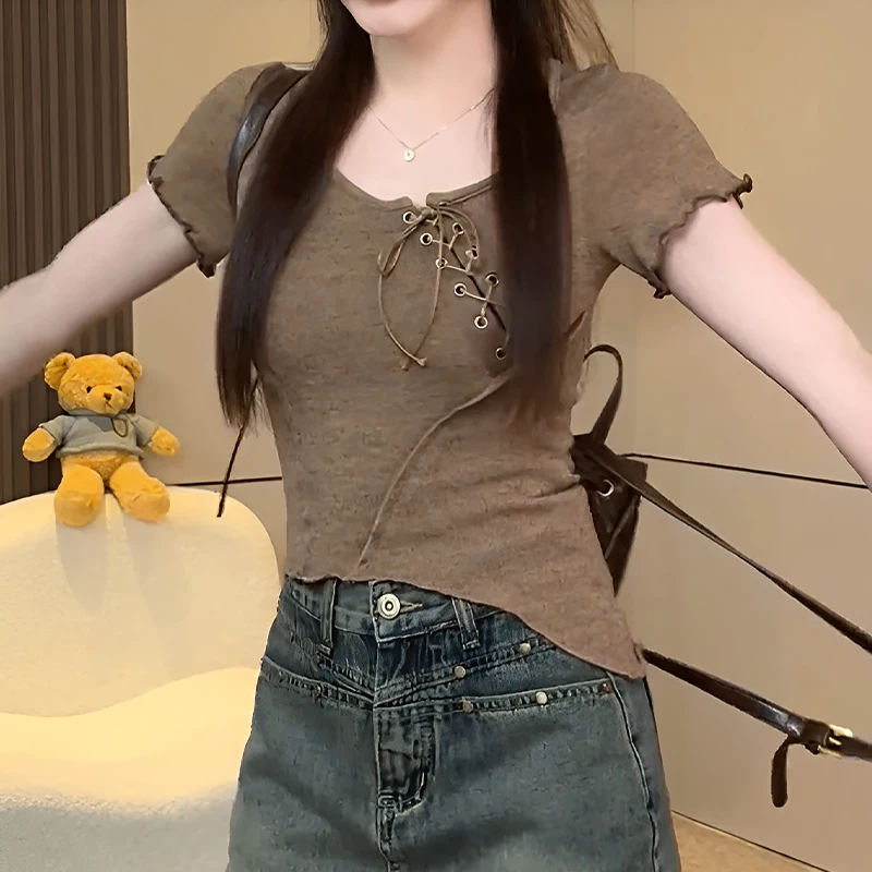 

Винтажная милая однотонная рубашка с завязками и короткими рукавами на шнуровке, женские летние повседневные повседневные топы