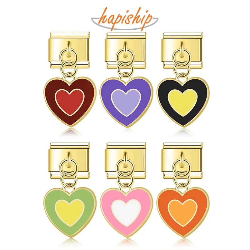 Hapiship 2024 New Fashion Pretty Colorful Romantic Heart Charm Links Fit 9mm Bracelet Stainless Steel Women Jewelry DJ912