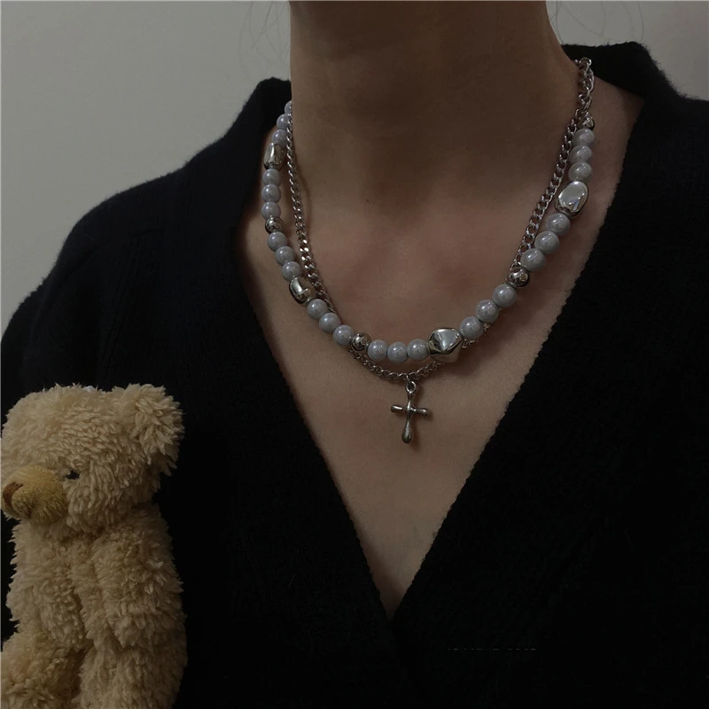 Hip Hop Double Layered Pearl Cross Necklace Personalized stitching Clavicle Chain Punk Necklace For Women Girl Men Jewelry ins