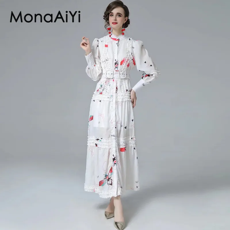 

MonaAiYi Autumn Women's A-Line Dress Stand Collar Long Sleeved Lace-Up Single-Breasted Edible Tree Fungus Edge Print Dresses